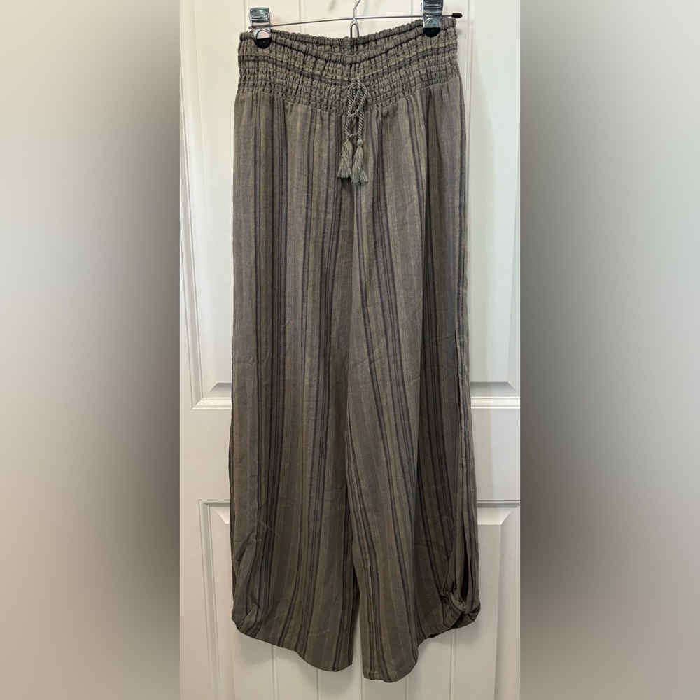 Vanilla Star Green striped Pants with side slit and knotted hem. Size Medium